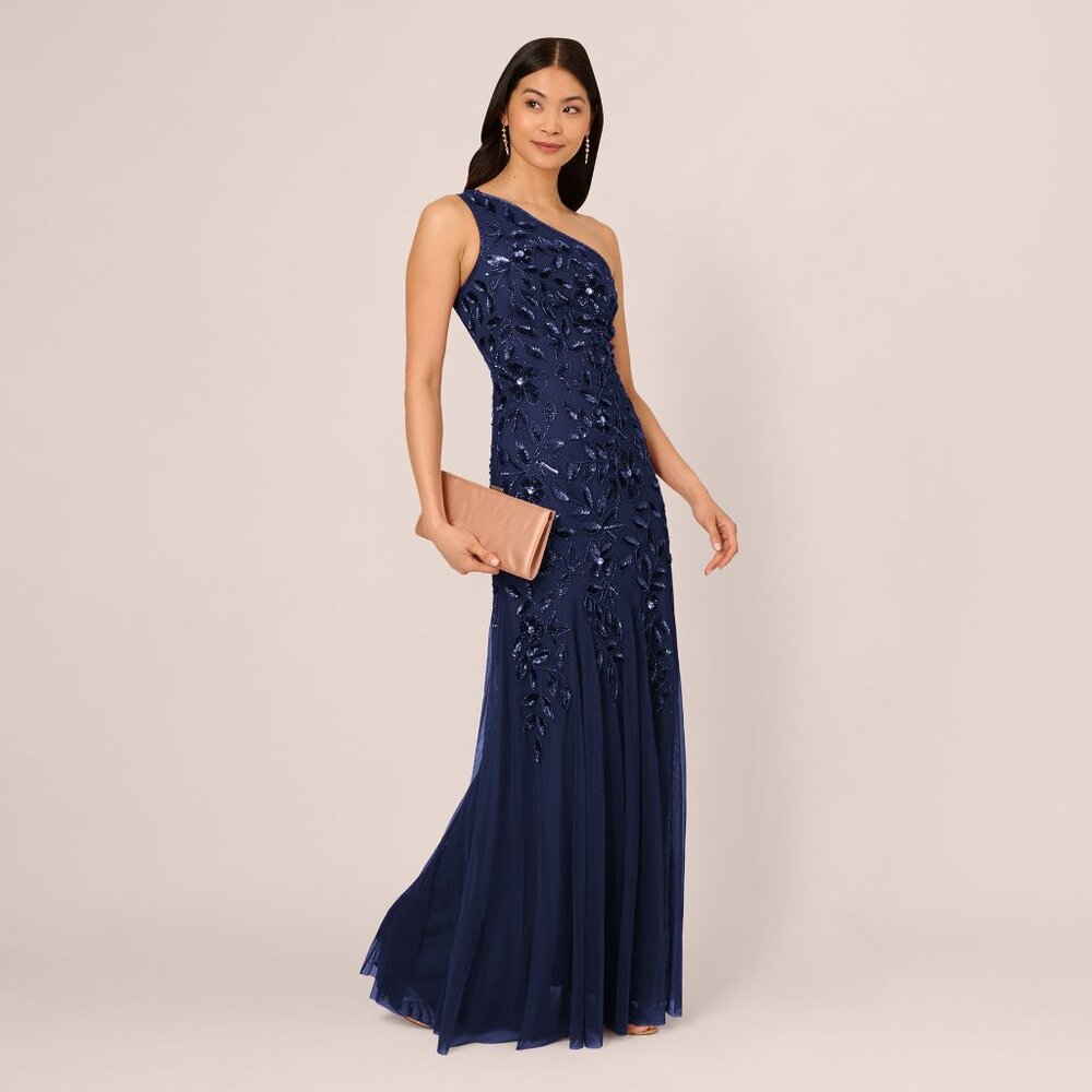 Adrianna Papell Floral Beaded One Shoulder Mermaid Gown With Godet Skirt In Ligh